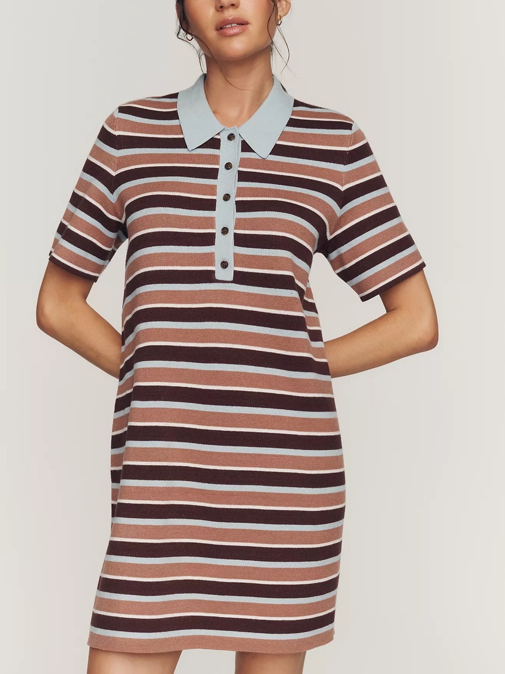 By Anthropologie Pollie Mini Swing Sweater Polo  Mini Dress in Blue Stripe NWT